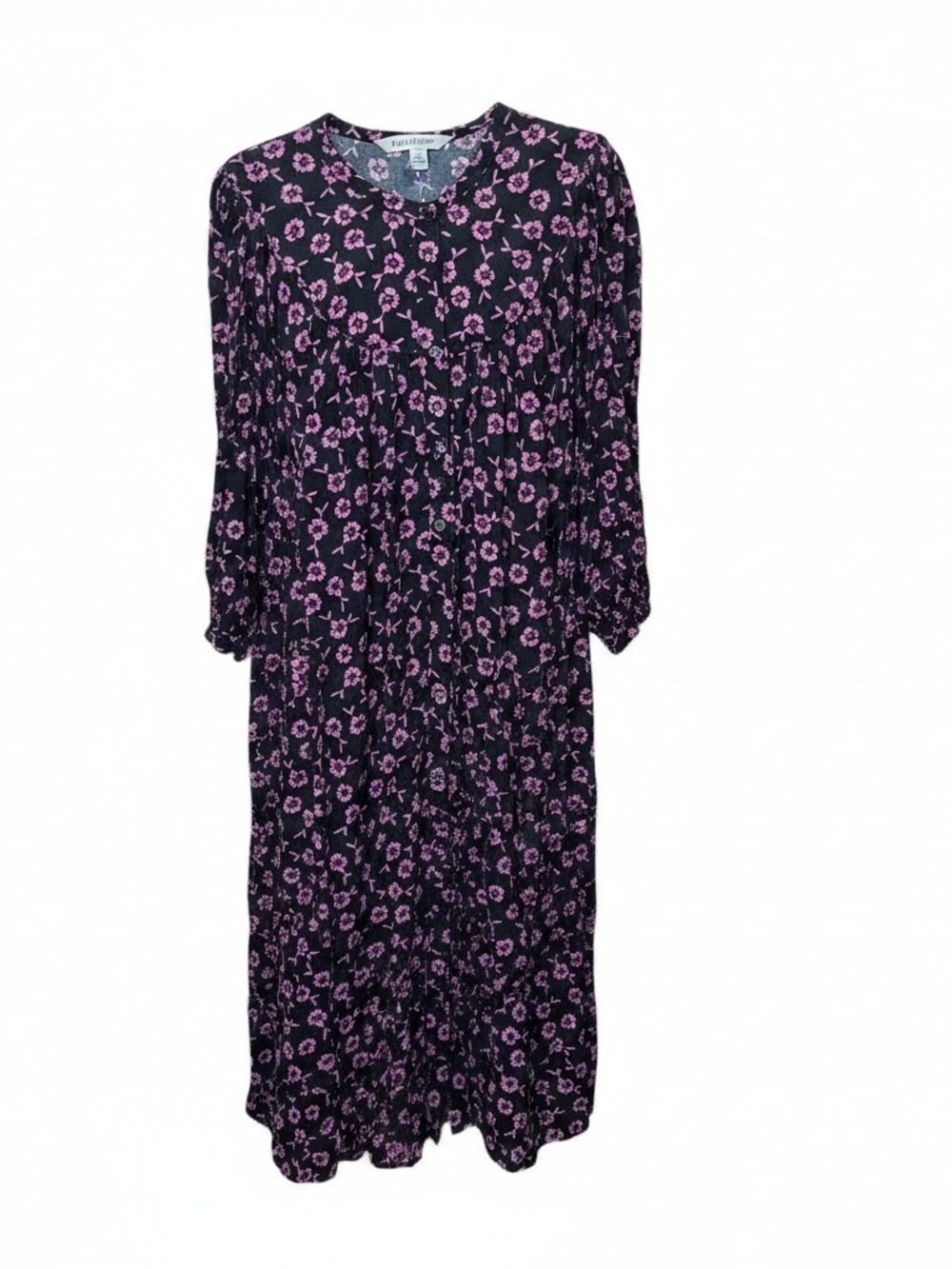 ZARA | Floral Print Button Down Midi Dress Black Pink Purple Puff Sleeve | XL
